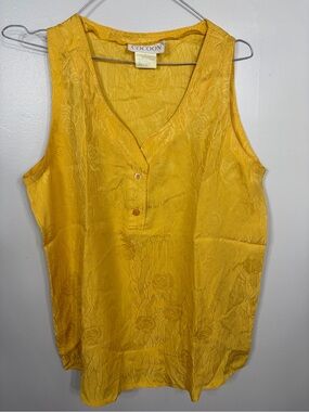 Vintage Cocoon 100% Silk Yellow Floral Jacquard Tank Top Blouse Art To Wear